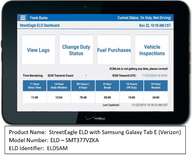 StreetEagle ELD with Samsung Galaxy Tab E (Verizon)